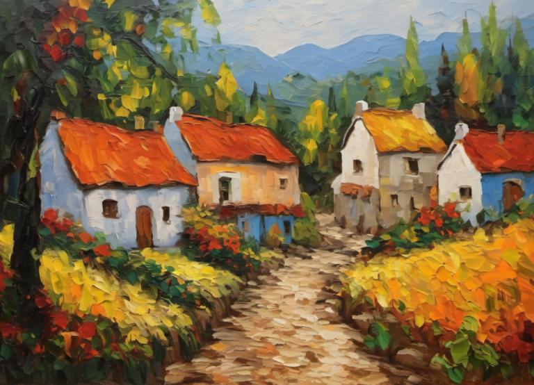 Oil Painting,Oil Painting, Village, village, no humans, outdoors, scenery, tree, house, day, sky, nature