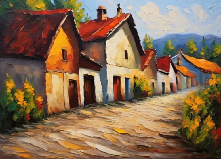 Oil Painting,Oil Painting, Village, village, no humans, scenery, sky, outdoors, cloud, day, tree, house