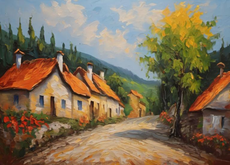 Oil Painting,Oil Painting, Village, village, no humans, scenery, tree, outdoors, sky, cloud, day, house