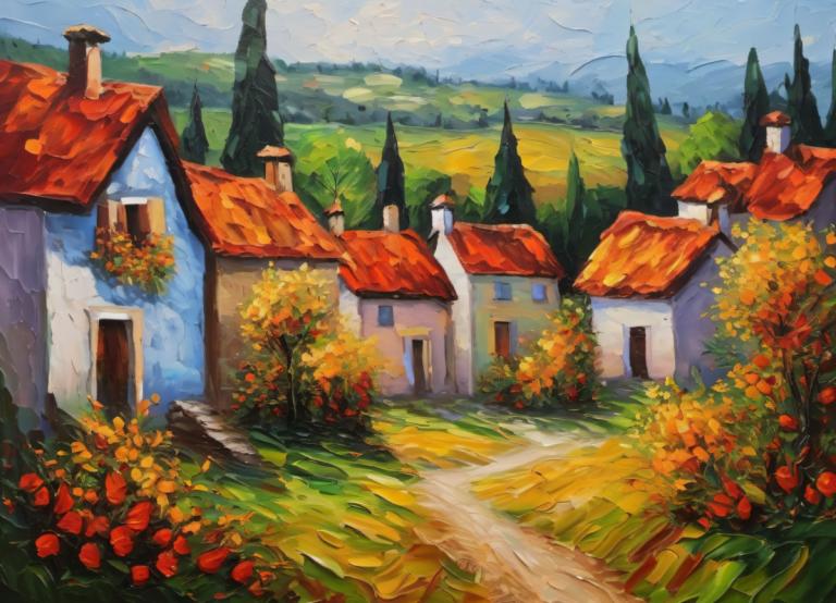 Pittura ad olio,Pittura ad olio, Villaggio, villaggio, nessun essere umano, scenario, all'aperto, cielo