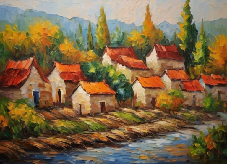 Oil Painting,Oil Painting, Village, village, no humans, scenery, outdoors, traditional media, tree, day