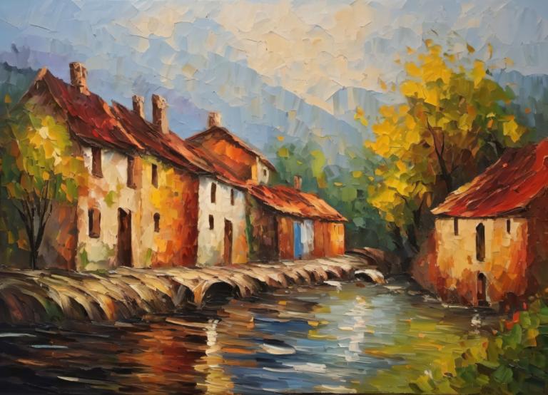 Oil Painting,Oil Painting, Village, village, no humans, scenery, outdoors, tree, sky, water