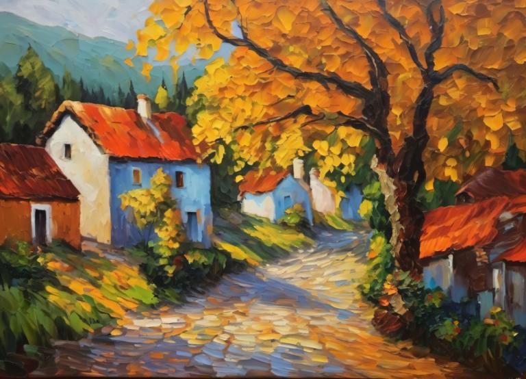 Oil Painting,Oil Painting, Village, village, no humans, scenery, tree, outdoors, house, day, sky, nature