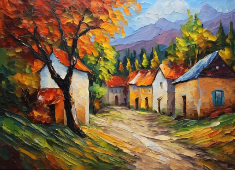 Oil Painting,Oil Painting, Village, village, no humans, scenery, tree, outdoors, sky, traditional media, day