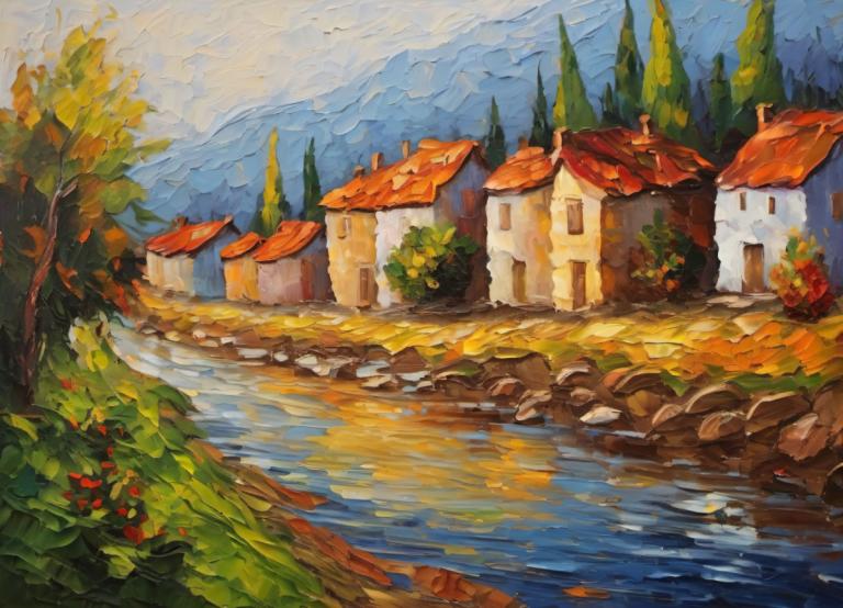 Oil Painting,Oil Painting, Village, village, no humans, scenery, outdoors, tree, traditional media, water