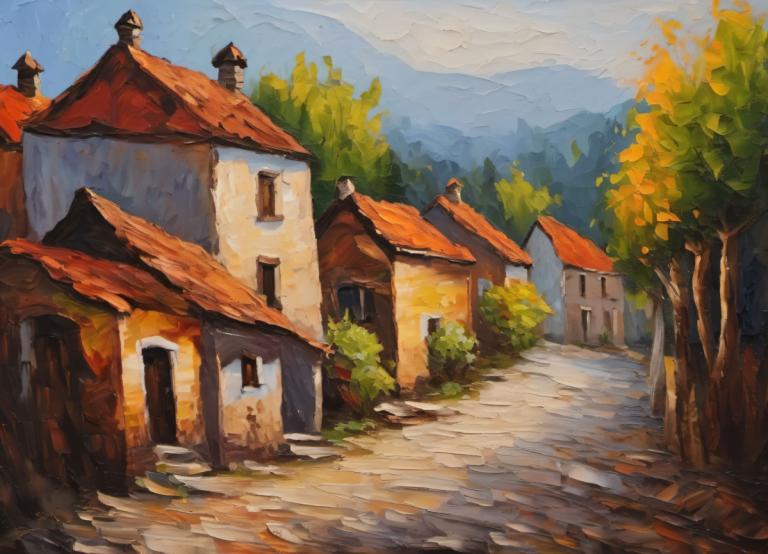 Oil Painting,Oil Painting, Village, village, scenery, tree, no humans, outdoors, sky, day, house, cloud