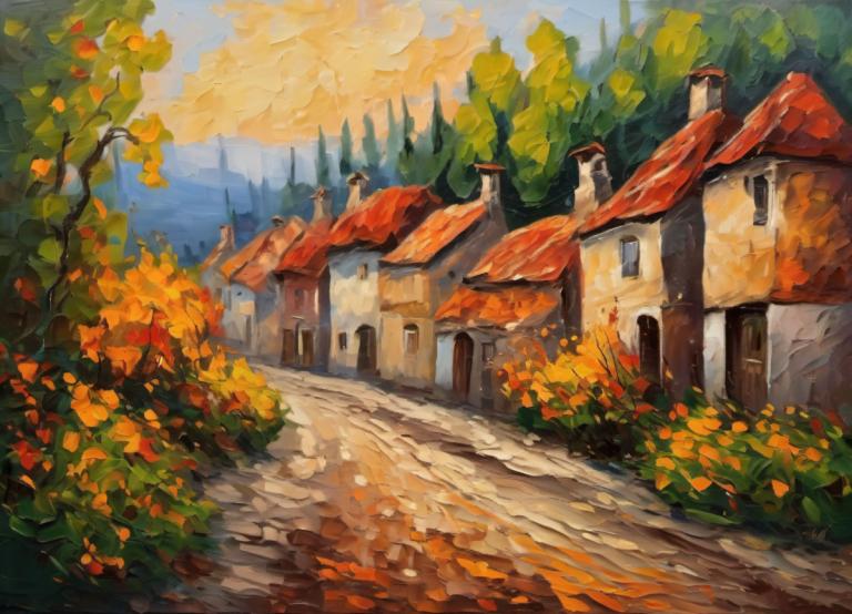 Oil Painting,Oil Painting, Village, village, no humans, scenery, outdoors, tree, day, sky, building, house