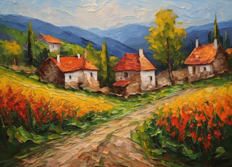 Oil Painting,Oil Painting, Village, village, no humans, scenery, outdoors, sky, cloud, tree