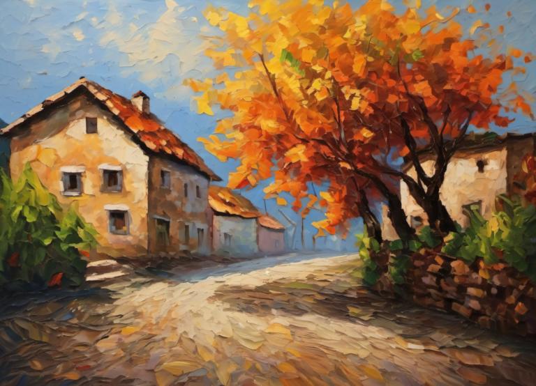 Oil Painting,Oil Painting, Village, village, no humans, tree, outdoors, scenery, sky, day, blue sky