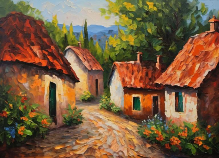 Oil Painting,Oil Painting, Village, village, no humans, scenery, outdoors, tree, sky, day, flower, house