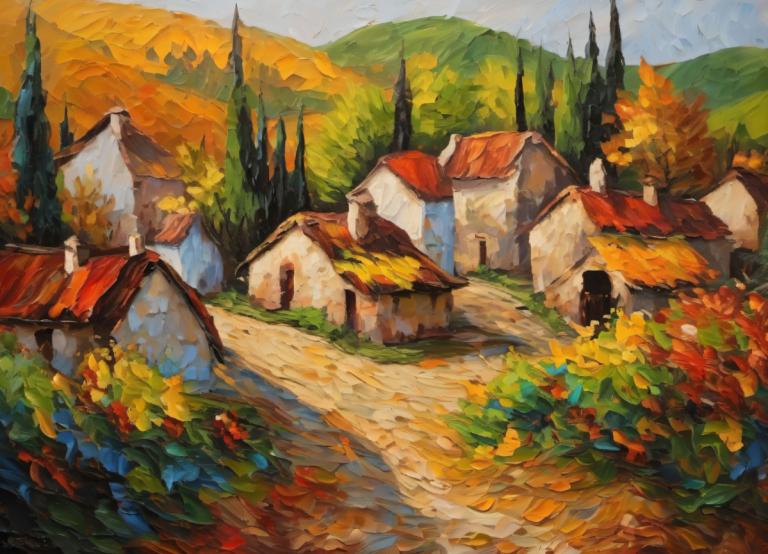 Oil Painting,Oil Painting, Village, village, scenery, outdoors, tree, no humans, day, nature