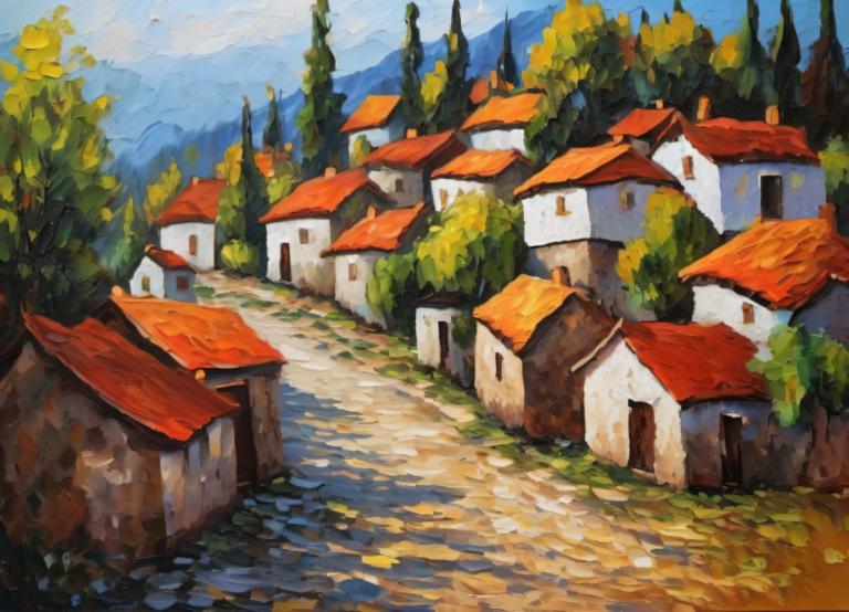 Oil Painting,Oil Painting, Village, village, no humans, scenery, outdoors, tree, sky, day, blue sky, nature