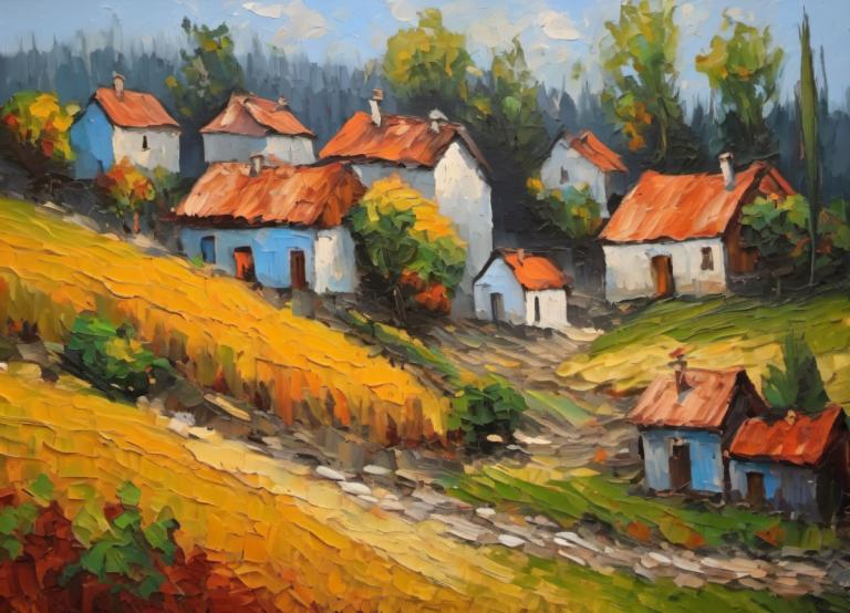 Oil Painting,Oil Painting, Village, village, scenery, outdoors, no humans, tree, sky, nature, day, house