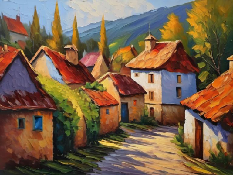 Oil Painting,Oil Painting, Village, village, no humans, scenery, outdoors, tree, sky, house, day, cloud