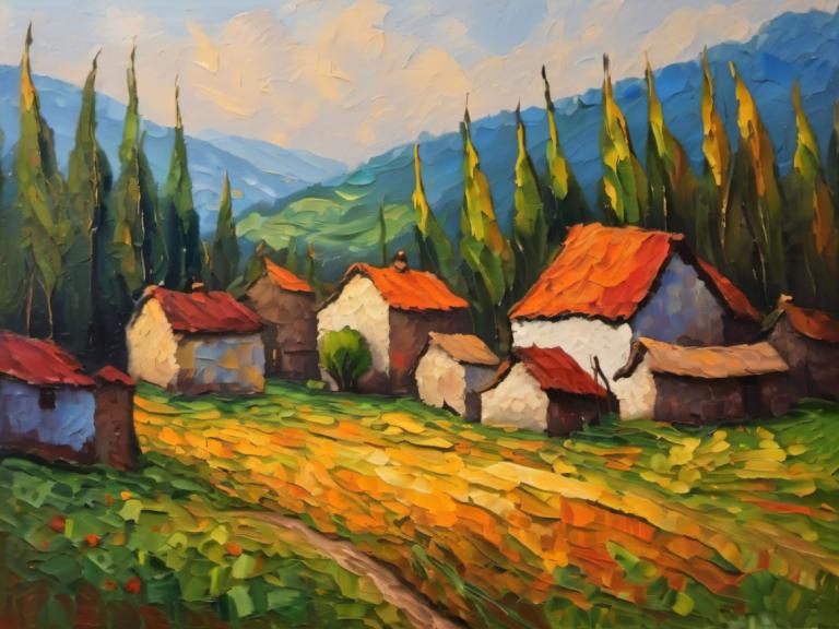 Oil Painting,Oil Painting, Village, village, no humans, outdoors, scenery, sky, cloud, mountain, day, nature