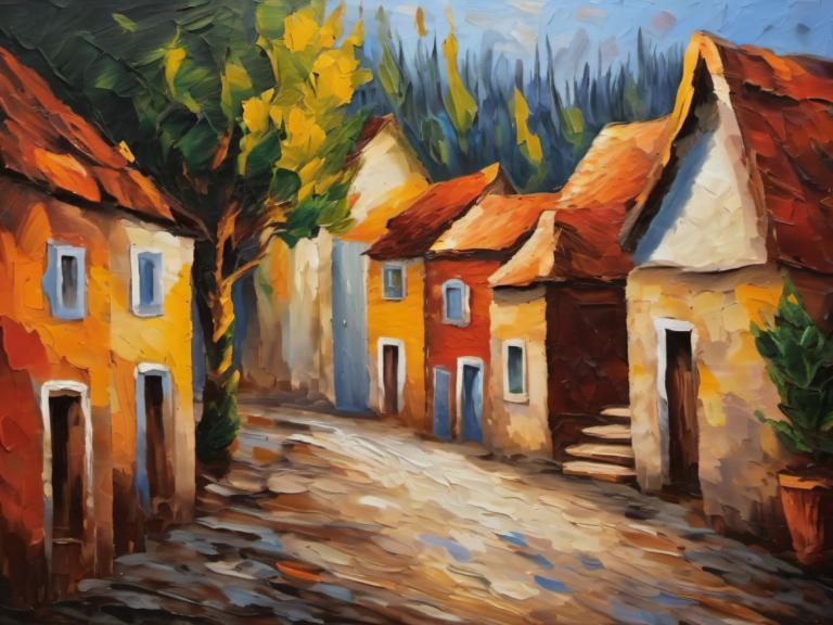 Oil Painting,Oil Painting, Village, village, no humans, scenery, plant, outdoors, tree, sky, day