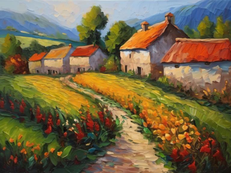 Oil Painting,Oil Painting, Village, village, no humans, outdoors, scenery, tree, house, sky, flower, day