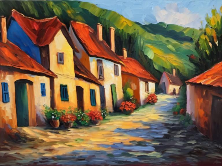 Oil Painting,Oil Painting, Village, village, no humans, scenery, house, outdoors, sky, day, window, plant