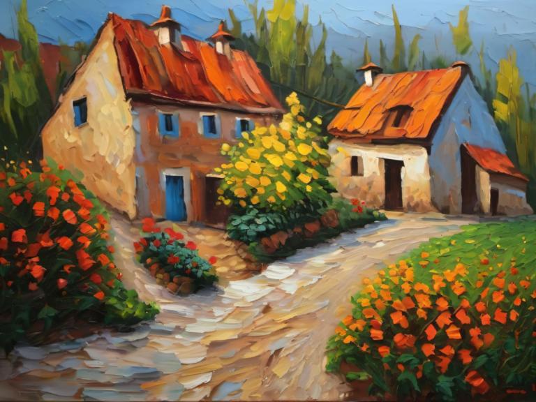 Oil Painting,Oil Painting, Village, village, no humans, scenery, outdoors, house, flower, tree, sky, day