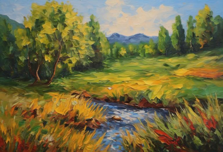 Oil Painting,Oil Painting, Nature, landscape, outdoors, scenery, no humans, tree, sky, day, nature, grass