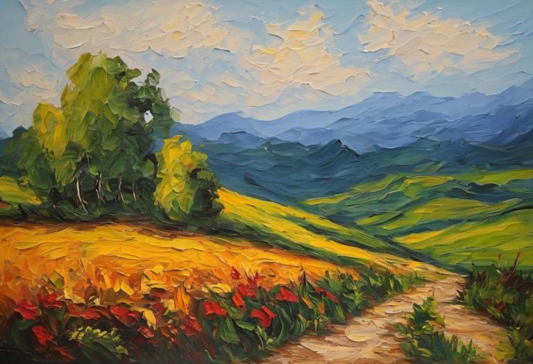 Oil Painting,Oil Painting, Nature, landscape, outdoors, scenery, cloud, sky, mountain, field, tree, day