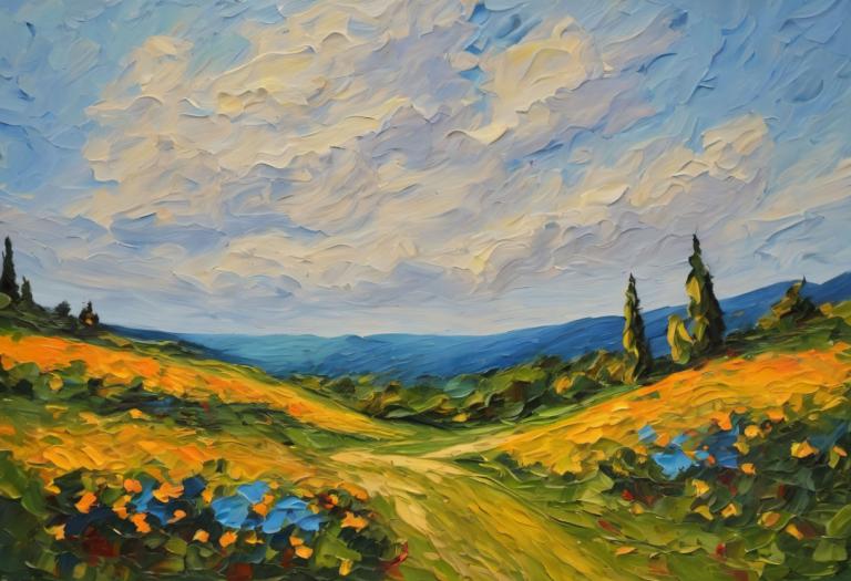 Oil Painting,Oil Painting, Nature, landscape, scenery, outdoors, cloud, no humans, sky, day, field