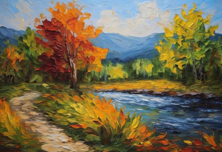 Oil Painting,Oil Painting, Nature, landscape, no humans, outdoors, scenery, tree, sky, day, traditional media