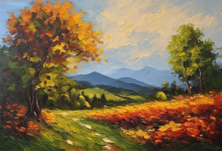 Oil Painting,Oil Painting, Nature, landscape, no humans, outdoors, scenery, tree, sky, cloud, day, autumn