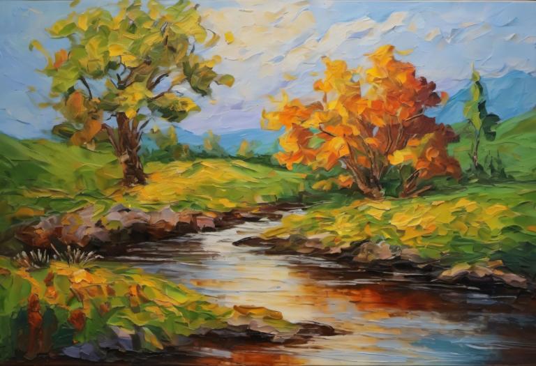 Oil Painting,Oil Painting, Nature, landscape, no humans, tree, outdoors, scenery, sky, day, traditional media