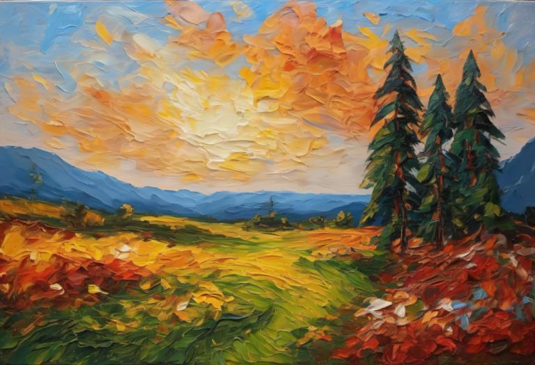 Oil Painting,Oil Painting, Nature, landscape, scenery, outdoors, cloud, no humans, sky, tree, mountain