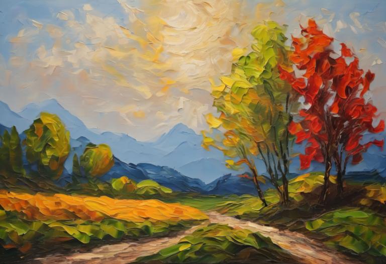 Oil Painting,Oil Painting, Nature, landscape, no humans, scenery, outdoors, sky, cloud, tree, mountain