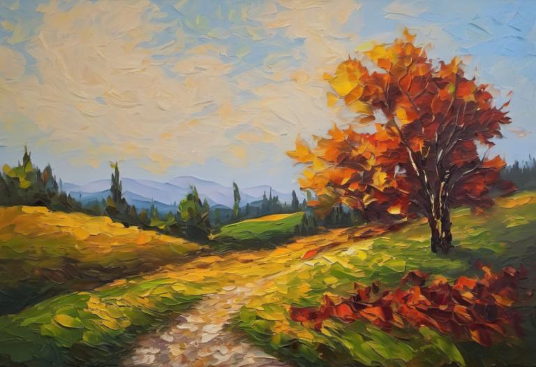 Pittura ad olio,Pittura ad olio, Natura, paesaggio, nessun essere umano, scenario, all'aperto, albero, cielo