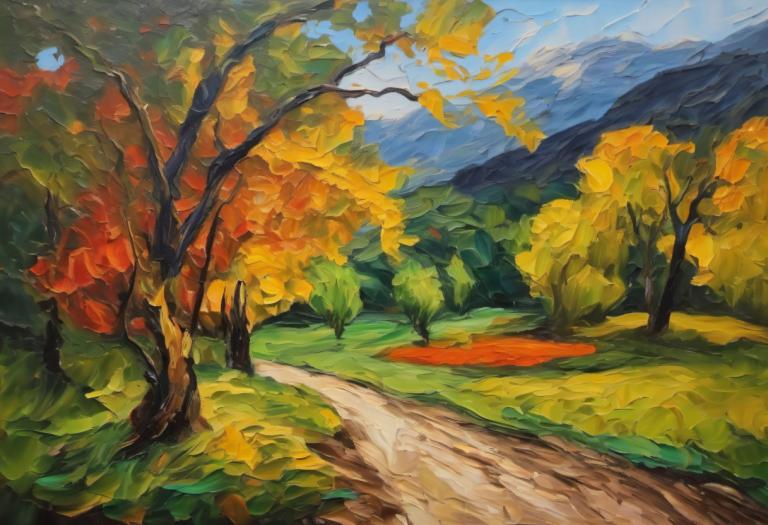 Oil Painting,Oil Painting, Nature, landscape, no humans, outdoors, scenery, tree, day, nature, sky