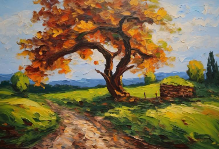 Pintura al óleo,Pintura al óleo, Naturaleza, paisaje, escenario, al aire libre, árbol, no humanos, cielo