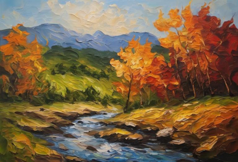 Oil Painting,Oil Painting, Nature, landscape, scenery, outdoors, no humans, sky, tree, cloud, day, mountain