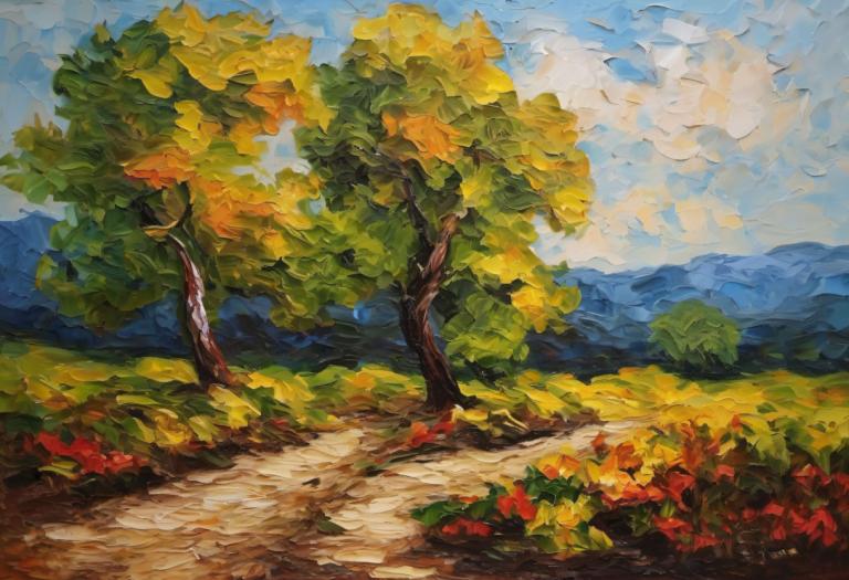 Pintura al óleo,Pintura al óleo, Naturaleza, paisaje, no humanos, árbol, al aire libre, escenario, cielo