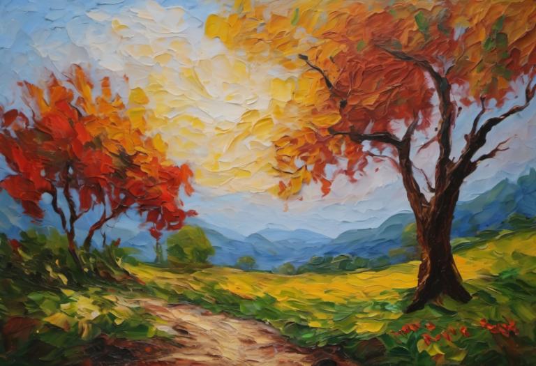 Pintura al óleo,Pintura al óleo, Naturaleza, paisaje, al aire libre, no humanos, escenario, árbol, cielo