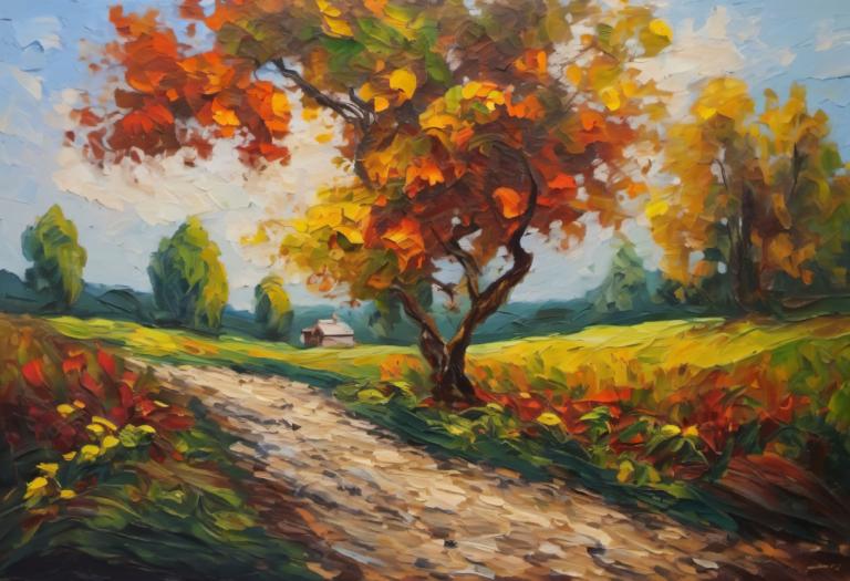 Pintura al óleo,Pintura al óleo, Naturaleza, paisaje, al aire libre, no humanos, escenario, árbol, cielo, día