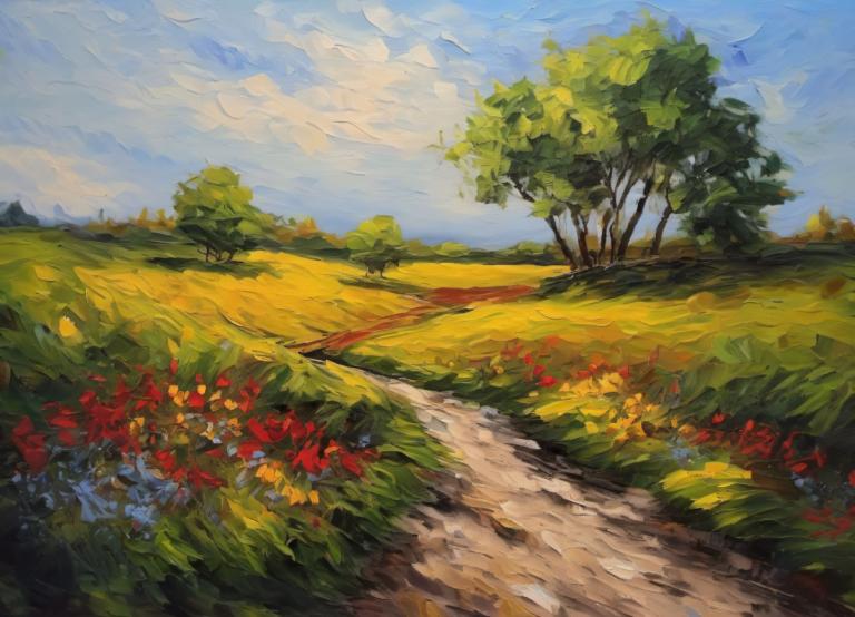 Oil Painting,Oil Painting, Nature, landscape, no humans, outdoors, tree, scenery, sky, cloud, day, flower