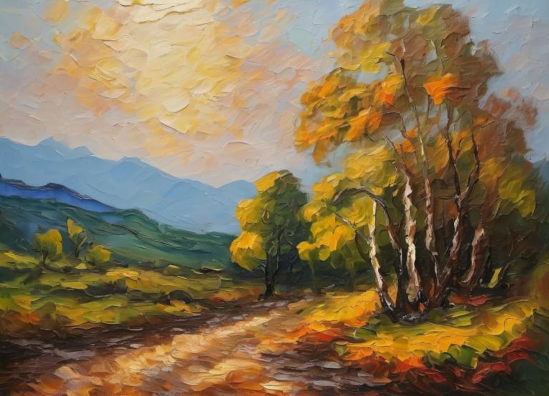 Oil Painting,Oil Painting, Nature, landscape, no humans, scenery, tree, outdoors, traditional media, sky