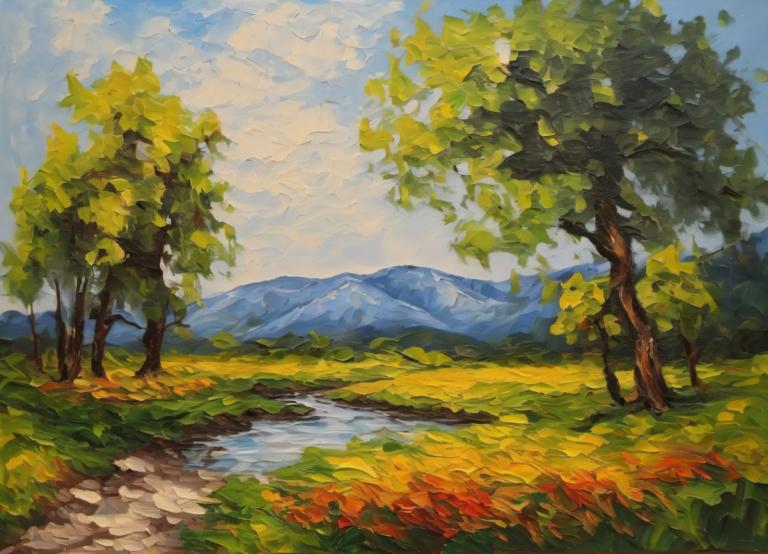 Oil Painting,Oil Painting, Nature, landscape, outdoors, scenery, no humans, tree, sky, cloud, day, nature