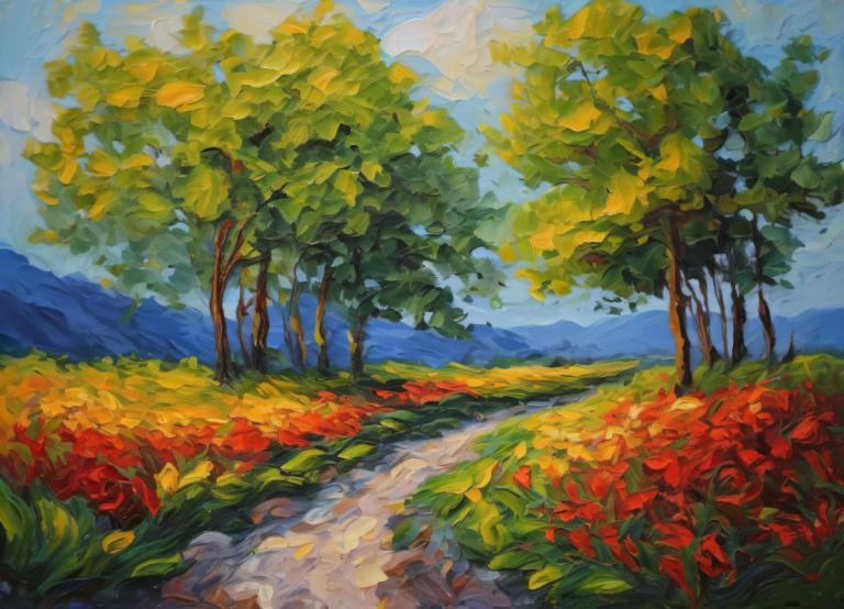 Oil Painting,Oil Painting, Nature, landscape, outdoors, no humans, scenery, tree, sky, day, nature, cloud