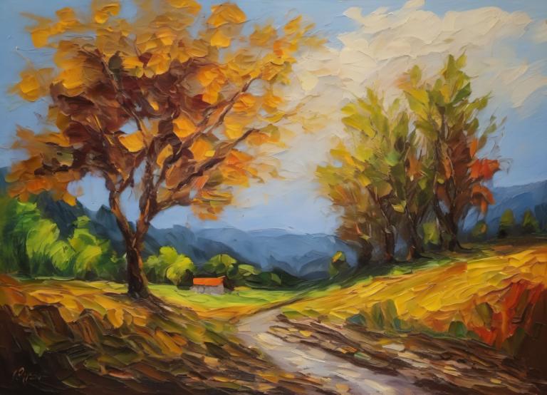 Pittura ad olio,Pittura ad olio, Natura, paesaggio, nessun essere umano, scenario, all'aperto, albero, cielo