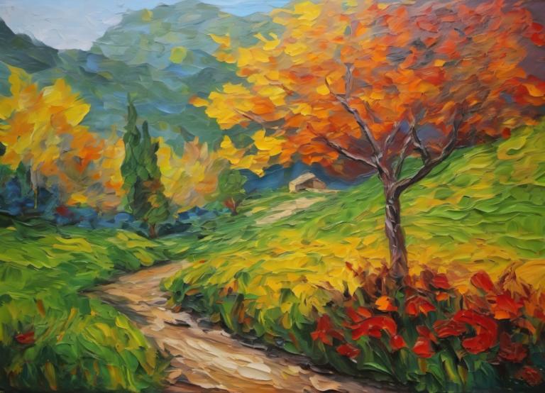 Oil Painting,Oil Painting, Nature, landscape, no humans, outdoors, scenery, tree, traditional media, day