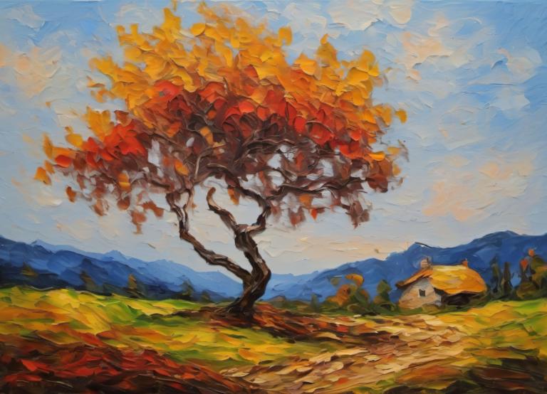 Oil Painting,Oil Painting, Nature, landscape, outdoors, tree, sky, no humans, autumn leaves, scenery, autumn