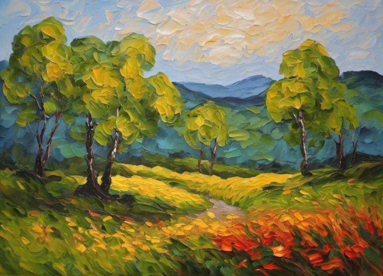 Oil Painting,Oil Painting, Nature, landscape, no humans, outdoors, scenery, tree, sky, cloud, day, nature