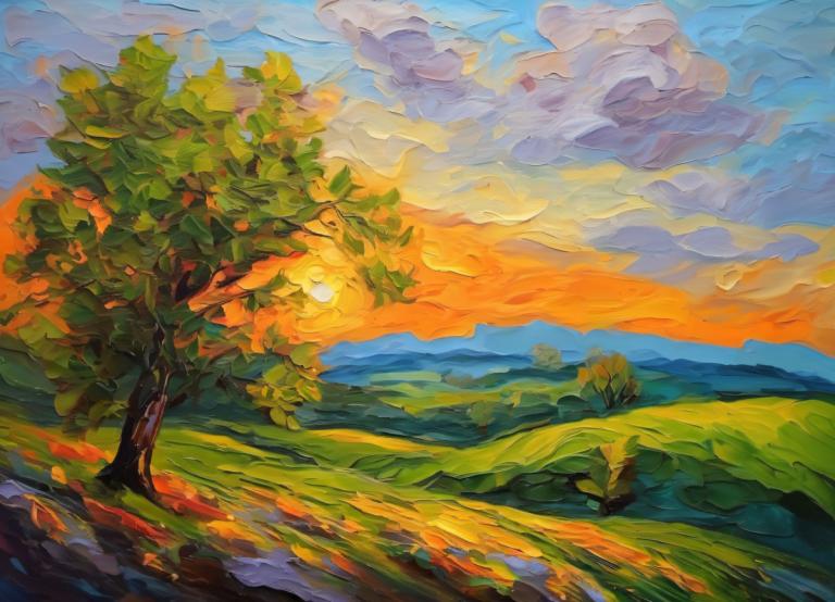 Pintura al óleo,Pintura al óleo, Naturaleza, paisaje, árbol, escenario, al aire libre, nube, cielo