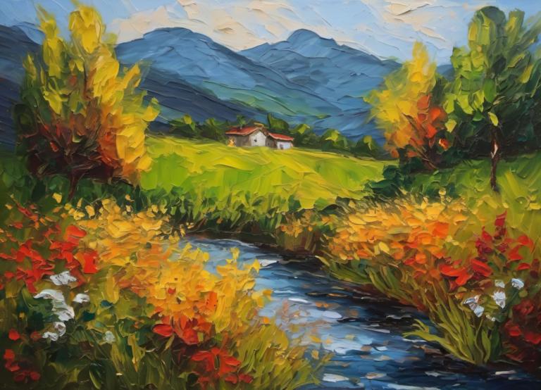 Oil Painting,Oil Painting, Nature, landscape, outdoors, scenery, no humans, flower, house, sky, mountain