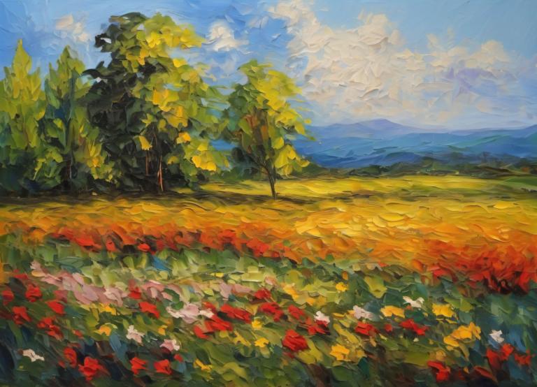 Oil Painting,Oil Painting, Nature, landscape, scenery, outdoors, tree, sky, no humans, cloud, day, flower