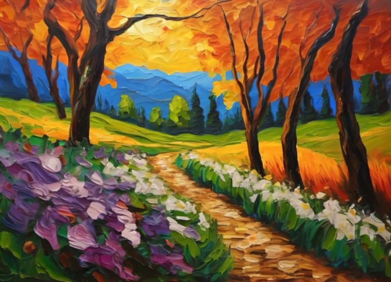 Oil Painting,Oil Painting, Nature, landscape, no humans, scenery, tree, outdoors, nature, flower, forest